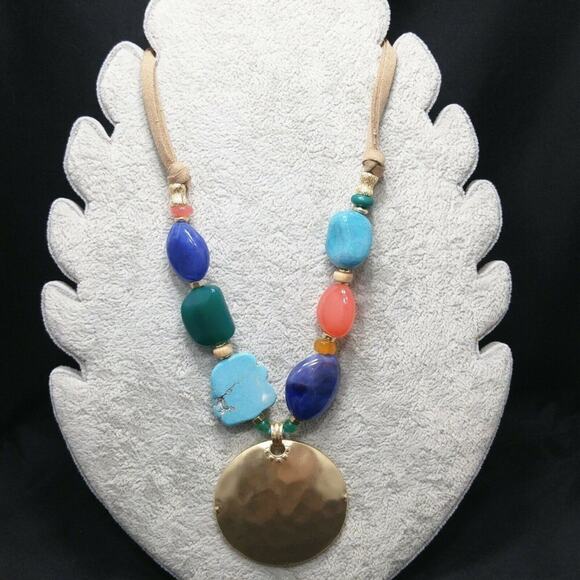 Chico’s Multicolor Beaded Necklace Gold Pendant Suede Cord NWT Statement - Picture 9 of 16